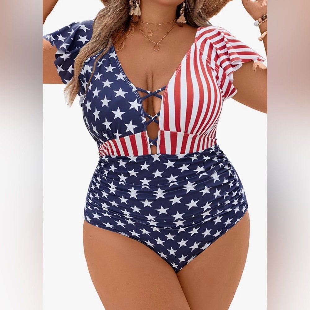 Blooming Jelly Women's One Piece Swimsuit Tummy Control Bathing Suit Patriotic